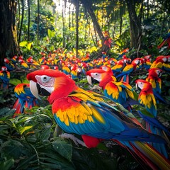 A flock of vibrant Scarlet Macaws in a lush rainforest
