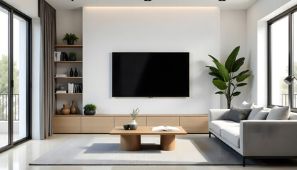 A modern living room interior design with built-in tv cabinet with sofa
