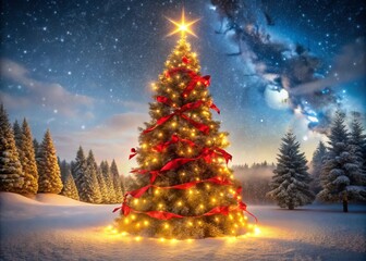 A Beautifully Decorated Christmas Tree with Golden Lights and Red Ribbons Surrounded by Softly Falling Snow in a Winter Wonderland Setting Perfect for Holiday Celebrations
