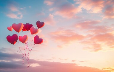 Fototapeta premium Flying Heart-Shaped Balloons Red and pink heart-shaped balloons flying mid-air with delicate ribbons, set against a dreamy sunset sky with soft clouds