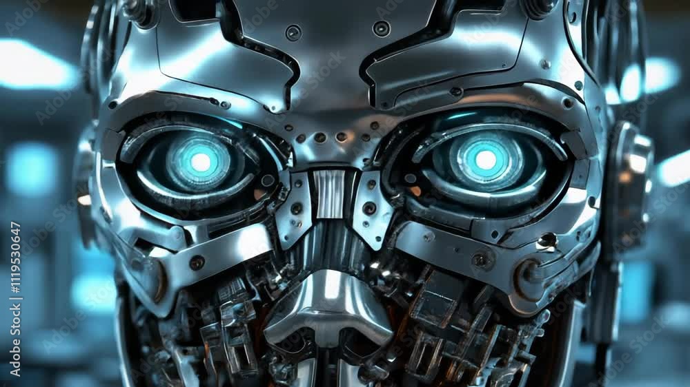 Poster close-up of a metallic female cyborg slightly moving its mouth and eyes. the android is in a laborat