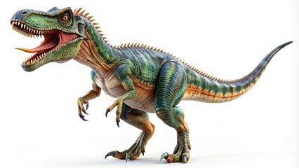 Obraz premium Aerial View of a 3D Allosaurus Render on a White Background, Showcasing the Dinosaur's Distinct Features and Textures in High Detail for Educational and Creative Uses