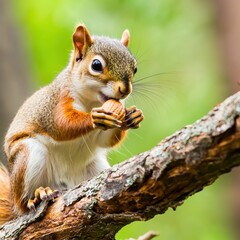 Fototapeta premium Squirrel Holding Nut on Tree Branch in Natural Forest Setting