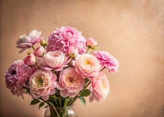 Fototapeta premium Beautiful Pink Flower Bouquet on Pastel Beige Background with Space for Text, Perfect for Invitations, Greeting Cards, and Floral Arrangements, Evoking Warmth and Elegance