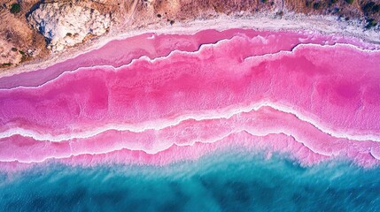 Aerial view of the pink salt flats and the beautiful flamingos in Sicily, Italy.