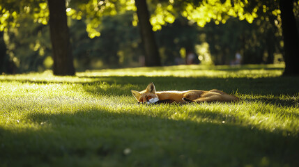 Golden fox sleeping autumn leaves warm sunlight tranquil forest evoking peace harmony nature's beauty serene landscape scene park forest green grass nap chill relax soft habitat calm day outdoor vibe