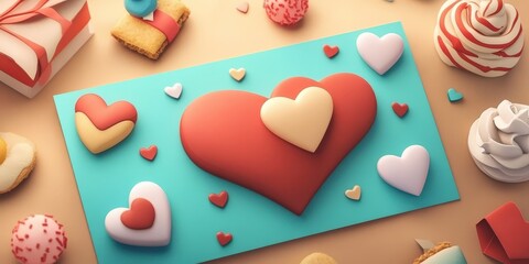 Playful and Quirky Valentines Card Flat Lay with Colorful Cookies and Heart Decorations for a Fun Celebration