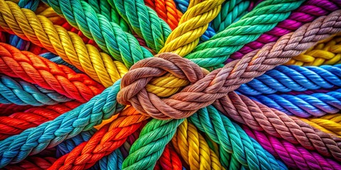 Colorful Ropes Intertwined Together to Symbolize Teamwork and Interconnectivity in a Minimalist Photography Style with a Focus on Unity and Collaboration