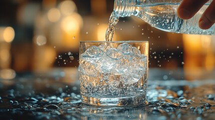 Crystal clear water splashes into a glass, capturing a moment of pure refreshment and the simplicity of hydration.