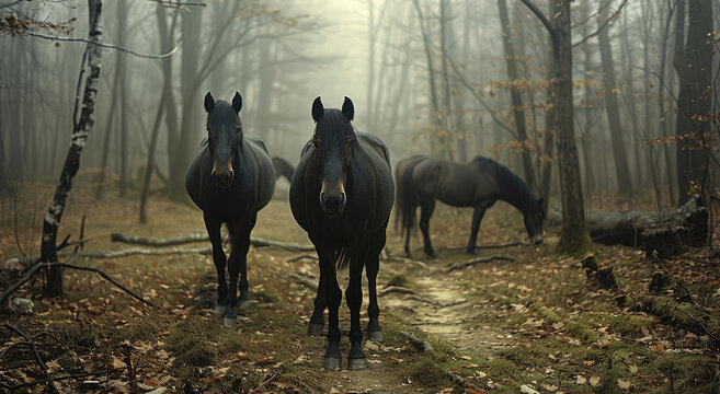 A clearing in the woods where a herd of sickly thin, winged black horses are grazing.