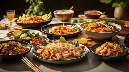 Obraz premium A Beautiful Assortment of Classic Thai Cuisine Showcasing Rich Curries, Noodles, and Aromatic Garnishes in a Feast for the Senses