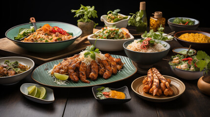 Obraz premium A Beautiful Assortment of Classic Thai Cuisine Showcasing Rich Curries, Noodles, and Aromatic Garnishes in a Feast for the Senses