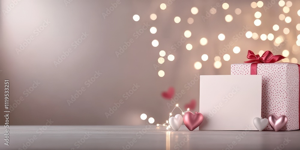 Poster minimalistic flat lay of valentine's day gift box with hearts and soft bokeh background for stylish 