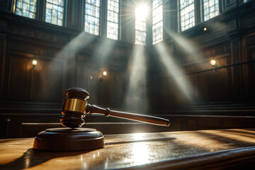 Obraz premium Sunlight filters through stained glass windows in an empty courtroom, highlighting the gavel on the bench