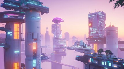 Futuristic city skyline at dawn, featuring towering structures, flying vehicles, and a hazy atmosphere.