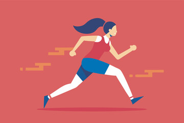 An illustration shows a happy woman in red top and white shorts running with green hairband. Yellow footprints and brick designs add to the dynamic scene.