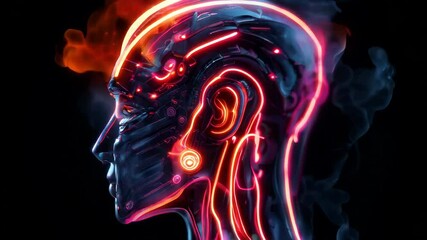 Female android with glowing circuits and wiring suffers from overheating, releasing smoke from her head. The scene captures a moment of technological malfunction and danger