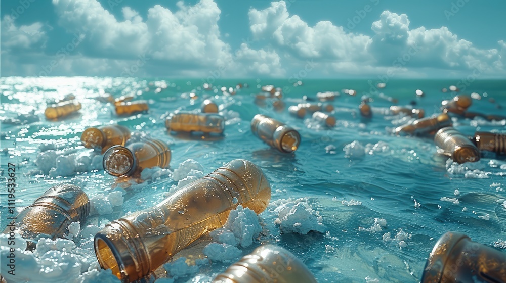 Poster lot of plastic dirty and crumpled bottles and other garbage lying horizontally floating above sea le