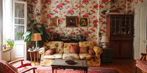 vintage living room with flowers wall AI generate 