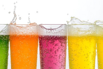 Colorful fizzy drinks splashing in glasses