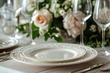 plates with decorative patterns on the edge, placed against the background of a beautifully set dining table