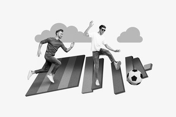 Creative collage picture of two excited sportive guys black white gamma running kick football isolated on painted background