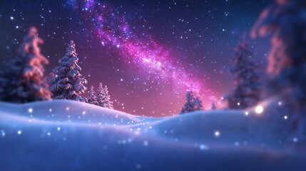 Obraz premium Winter landscape with snowy trees and a starry galaxy in the night sky