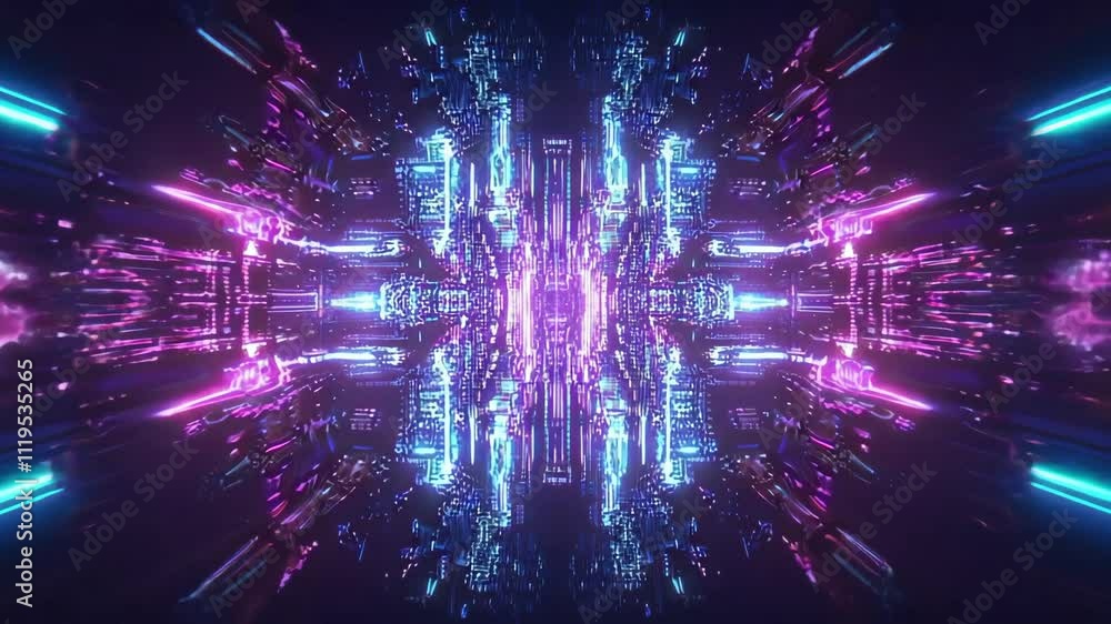 Poster abstract motion graphics animation showcases neon lights dynamically forming a futuristic, symmetric