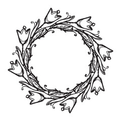 Wreath - vector decorative tulips and hearts, black and white doodle.