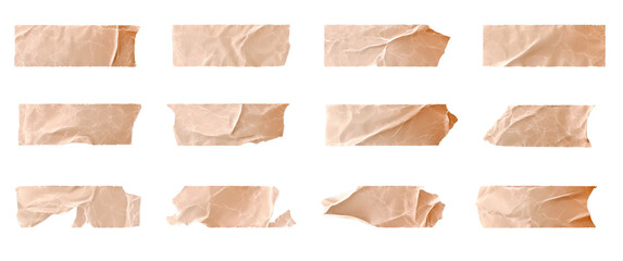 peach crumpled paper pieces on transparent background