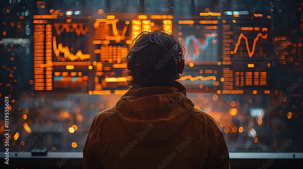 Poster financial stakeholder reviewing company s real time performance data analytics with futuristic chart