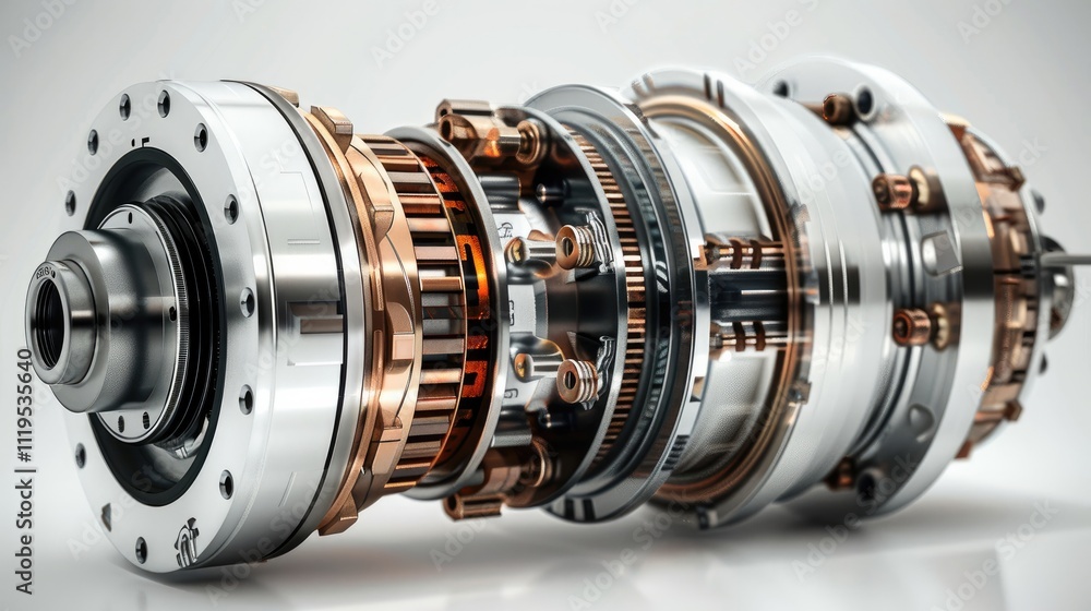 Poster A realistic centrifugal motor rotor with part labels in a white background.