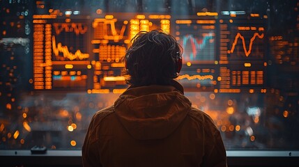 Financial stakeholder reviewing company s real time performance data analytics with futuristic charts and graphs