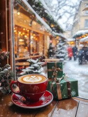Red coffee cup with latte art on table, snowy Christmas scene outside, outdoor cafe shop decorated for holidays, green gift boxes near trees, hyperrealistic painting style, soft oil colors.