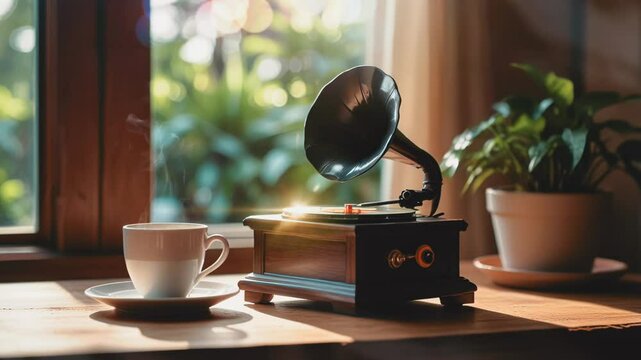 animated scenery Enjoying coffee while listening to nostalgic music, with old cassettes and a cup of coffee. 4k time-lapse video background that loops seamlessly