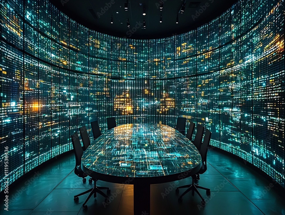 Poster ceo holographic meeting discussing global market strategies with interactive data visualization