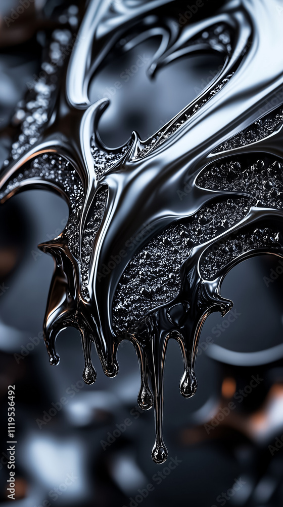 Poster jagged dark scales drip black liquid in an abstract display, creating an intriguing and eerie visual