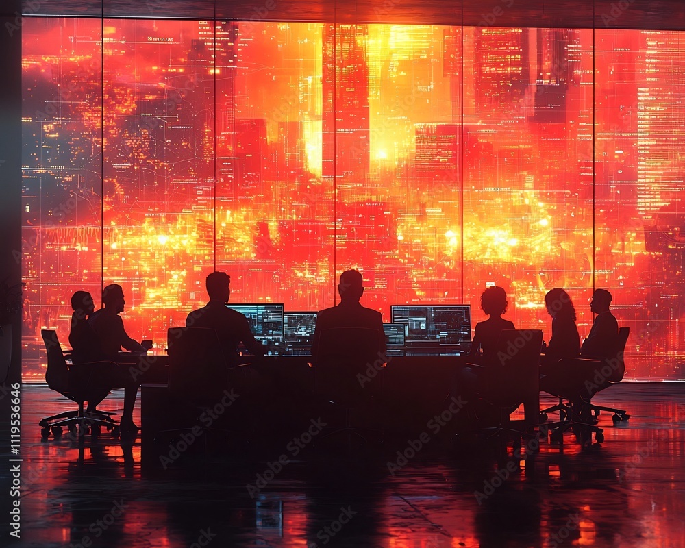 Poster high tech blockchain meeting room with holographic data analytics for business leaders and stakehold