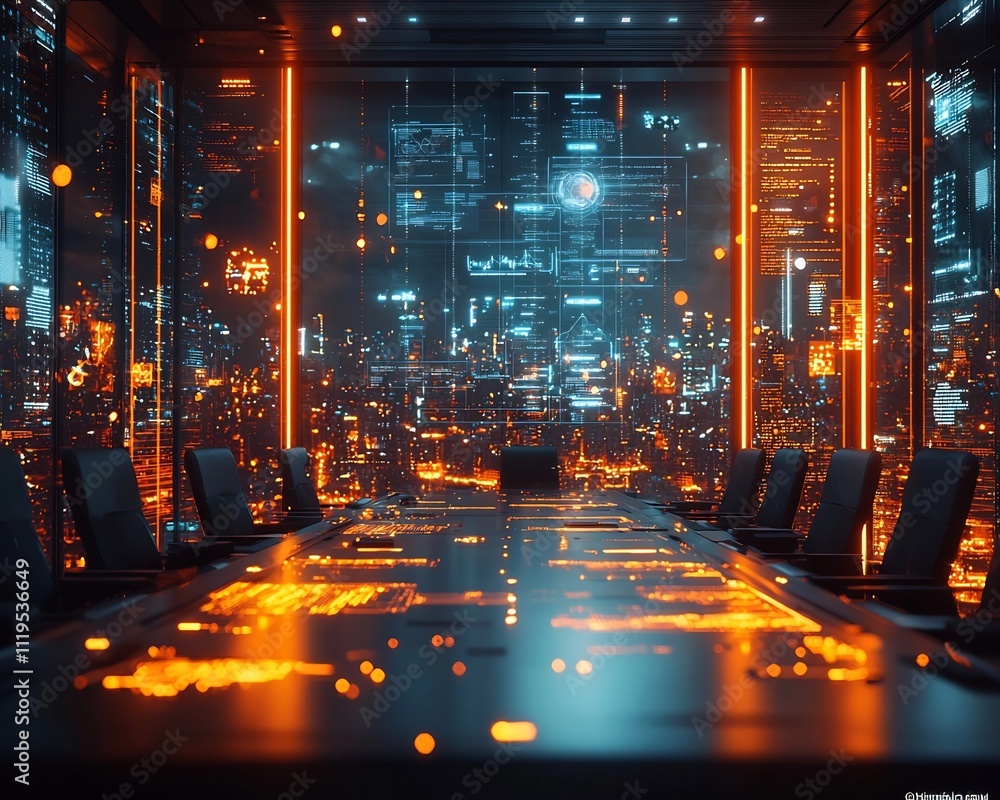 Poster futuristic blockchain technology discussion in high tech meeting room with floating holograms