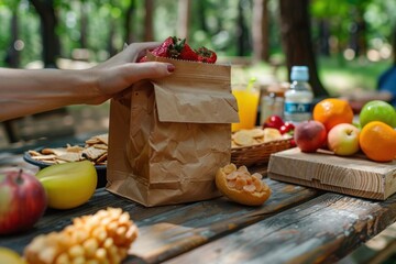 Lifestyle photo of a person holding a snack package mockup while sitting at a picnic table, with other picnic items like fruits and drinks in the background