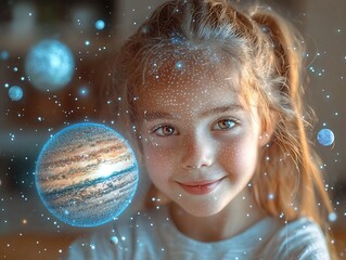 Naklejka premium Holographic Planets Spark Curiosity and in Futuristic Classroom