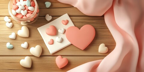 Aerial View of a Rustic Wooden Table with Colorful Heart-Shaped Candies and a Soft Fabric Displaying a Romantic and Cozy Atmosphere