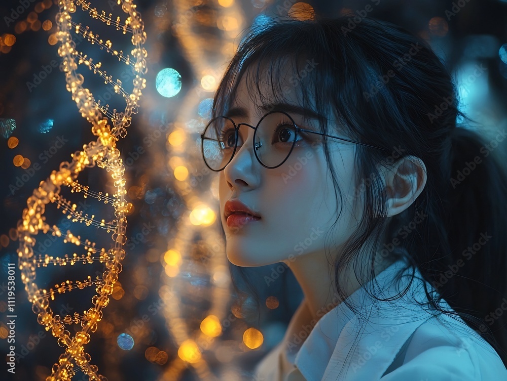 Poster student interacts with projected glowing dna strand exploring genetics and the building blocks of li