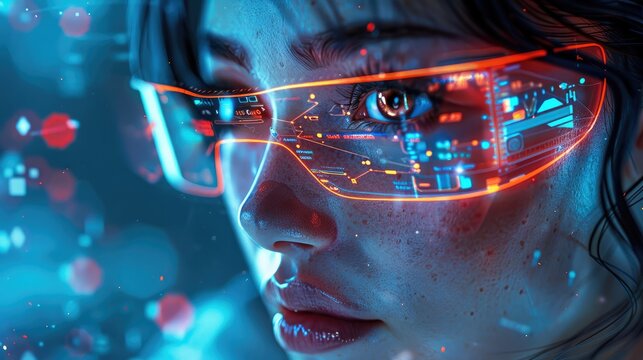 Women, office worker trapped in digital matrix, phone screen reflecting in glazed eyes, dopamine molecules floating around head, productivity meters and efficiency graphs hovering in holographic. - Powered by Adobe