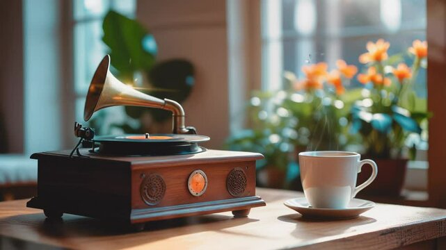 animated scenery Enjoying coffee while listening to nostalgic music, with old cassettes and a cup of coffee. 4k time-lapse video background that loops seamlessly