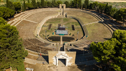 Aerial view of the Roman amphitheater of Lucera, in the province of Foggia, Puglia, Italy. It is a Roman amphitheater built in the 1st century.
