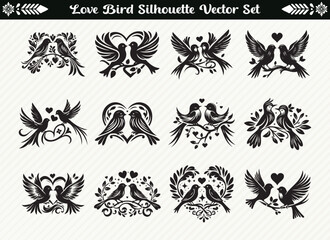 Love Birds Silhouette Set Romantic Pair Designs Valentines Day Couple Bird Shapes Wedding Graphics