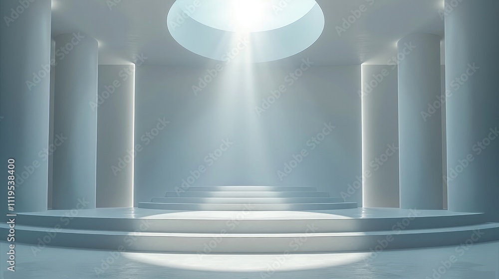 Aufkleber A pure white, minimalist podium and background. Design an empty, white minimalist space with a spotlit podium. Make the podium with four platforms, each at a different height.