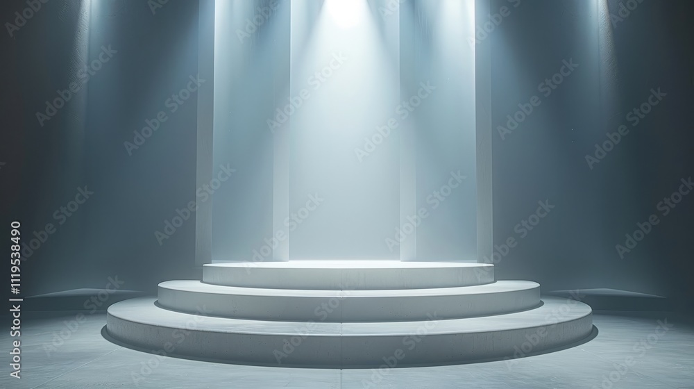 Aufkleber A pure white, minimalist podium and background. Design an empty, white minimalist space with a spotlit podium. Make the podium with four platforms, each at a different height.