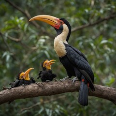 Fototapeta premium A hornbill with a striking beak feeding its chicks.